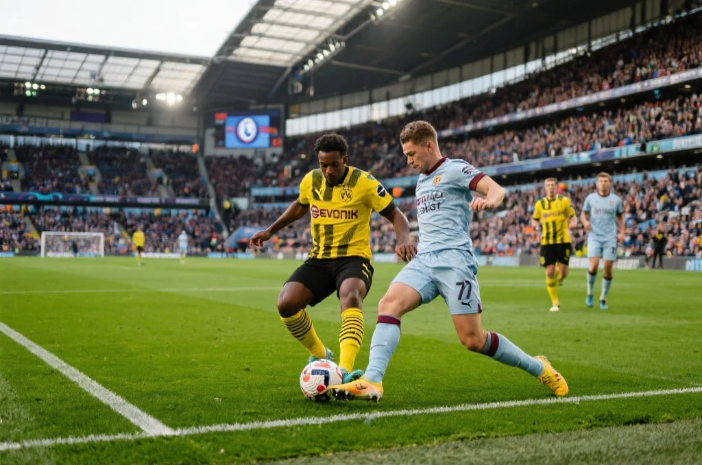 英超和德甲球员在绿茵场上激烈拼抢，背景为满座球迷的现代化球场